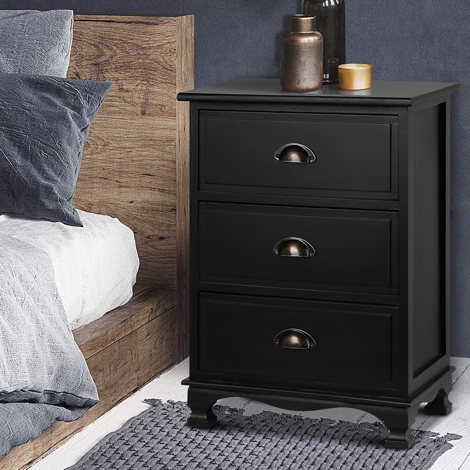 THYME Black Bedside Tables 3 Drawers Vintage Set of 2