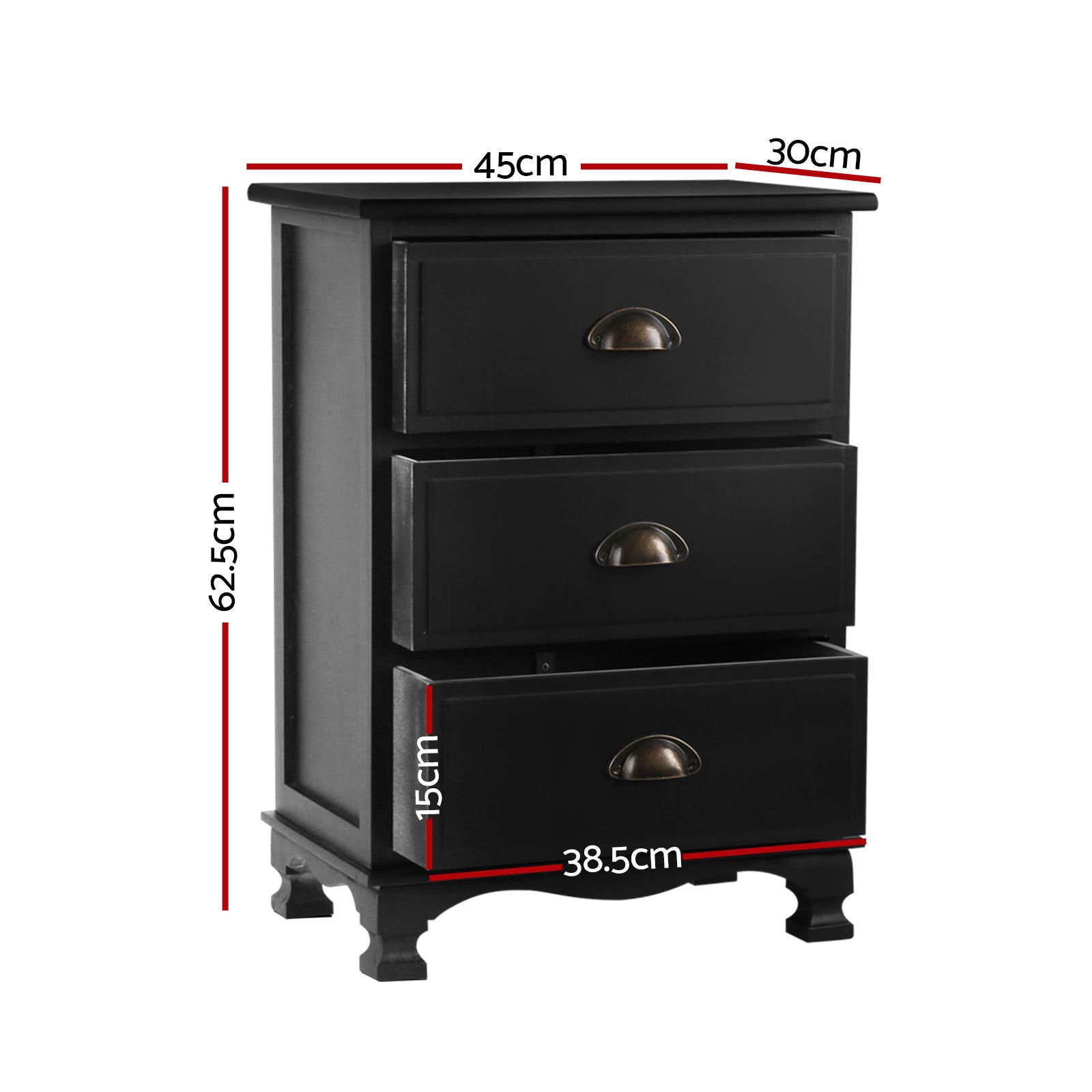 THYME Black Bedside Tables 3 Drawers Vintage Set of 2
