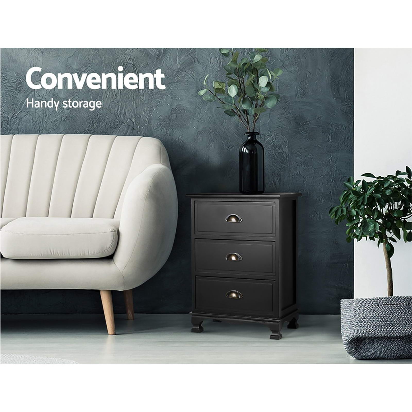 THYME Black Bedside Tables 3 Drawers Vintage Set of 2