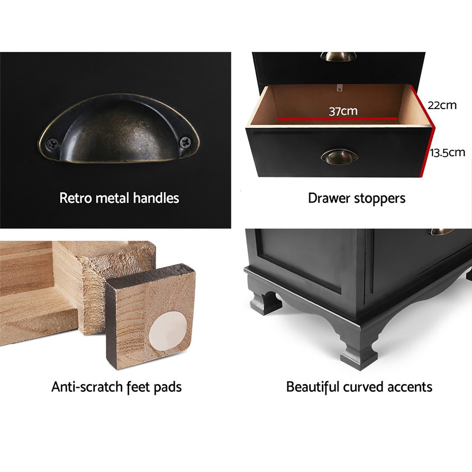 THYME Black Bedside Tables 3 Drawers Vintage Set of 2