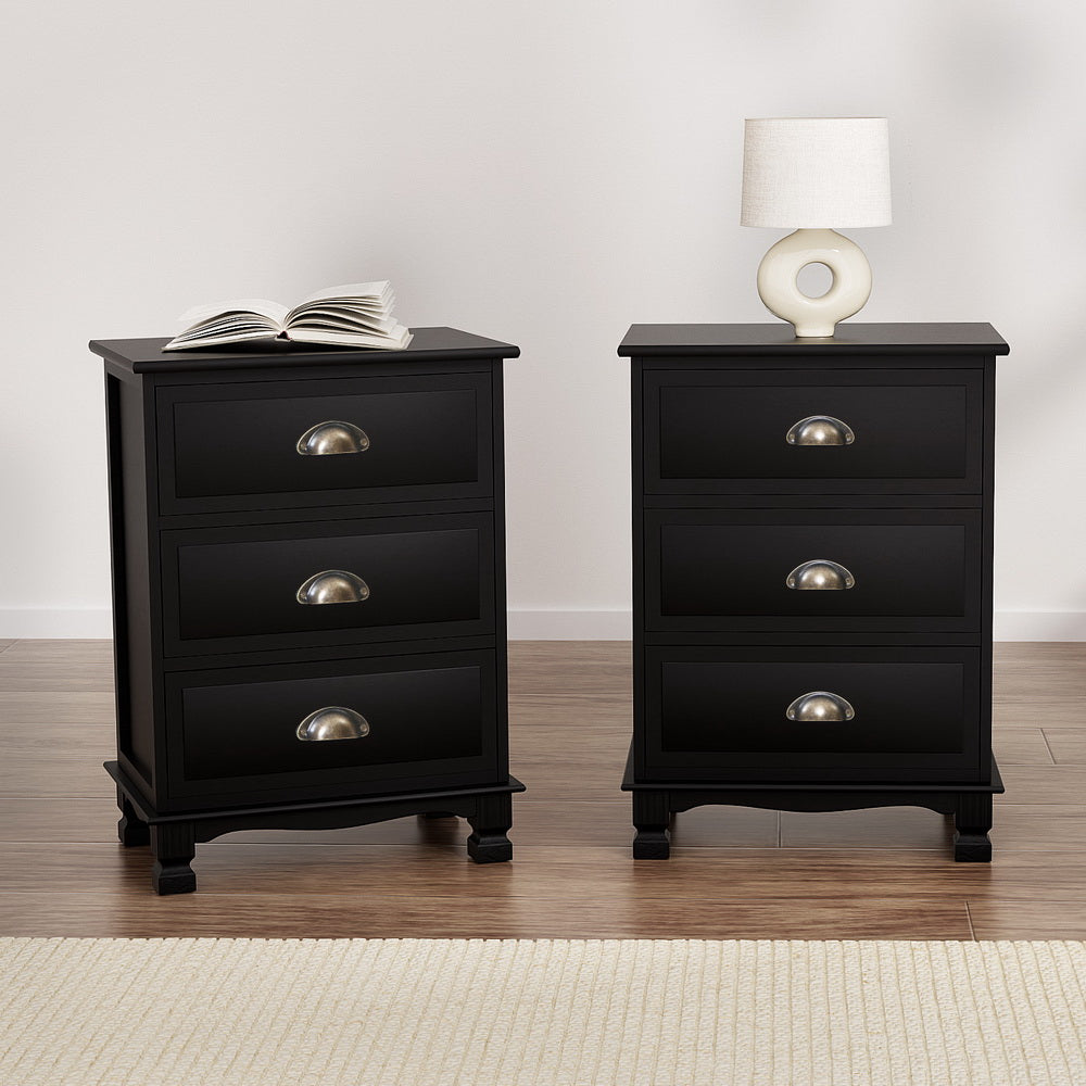THYME Black Bedside Tables 3 Drawers Vintage Set of 2