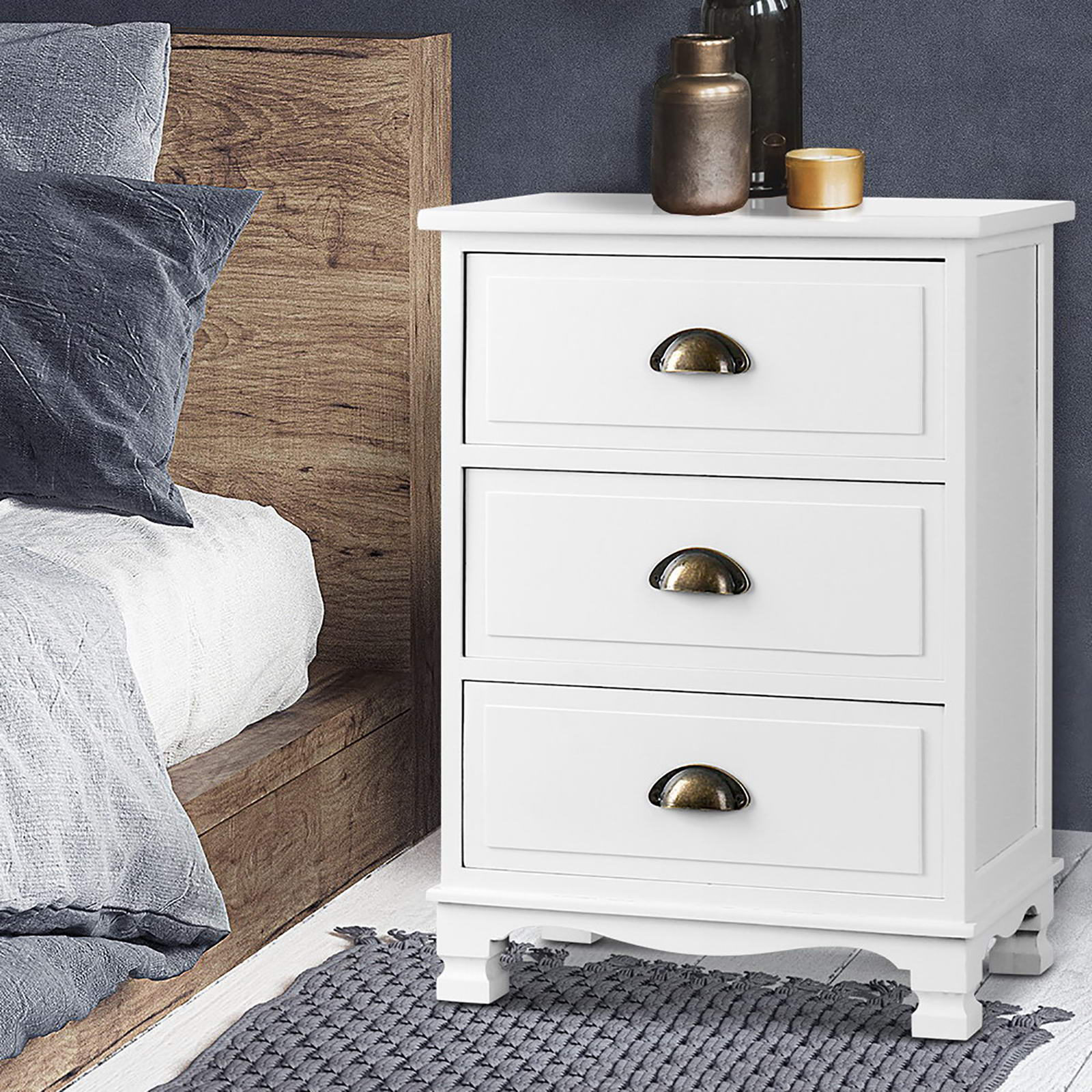 Thyme White Bedside Tables 3-Drawer Vintage Set