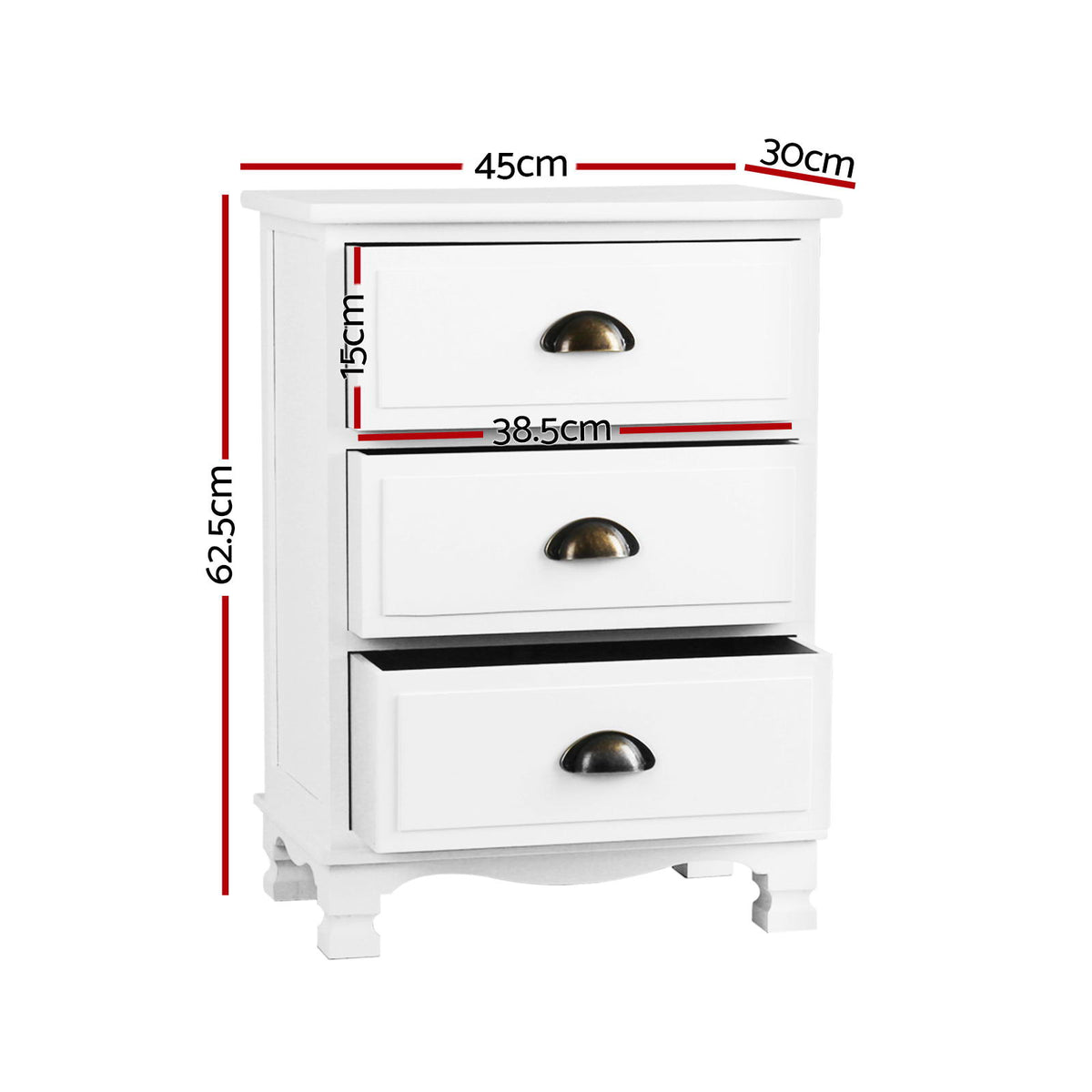 Thyme 2x Bedside Table 3 Drawers Vintage White