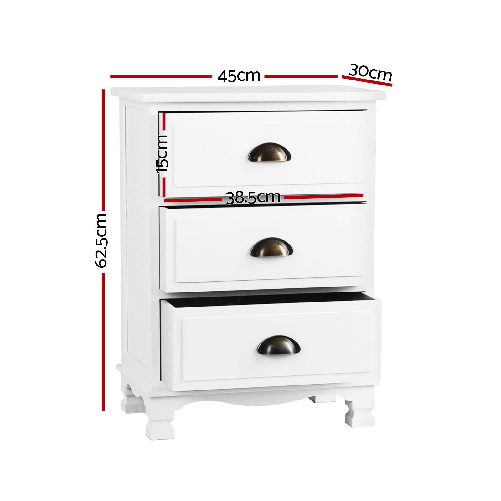 Thyme White Bedside Tables 3-Drawer Vintage Set