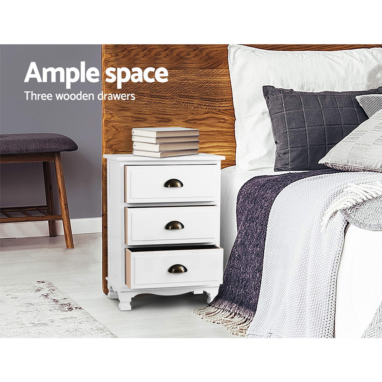 Thyme White Bedside Tables 3-Drawer Vintage Set