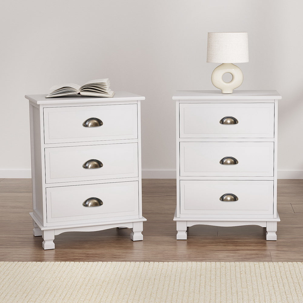 Thyme 2x Bedside Table 3 Drawers Vintage White