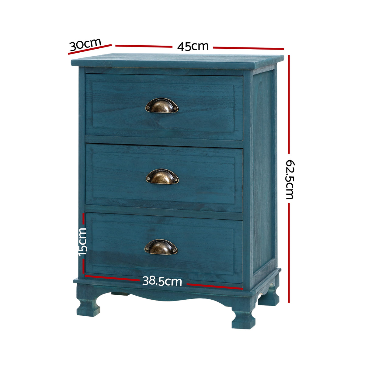 Thyme 2x Bedside Table 3 Drawers Vintage Blue