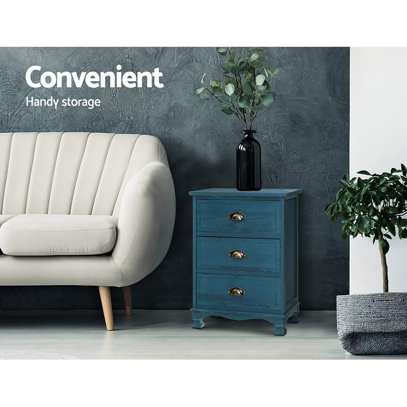 Thyme Blue Bedside Tables 3-Drawer Vintage Set of 2