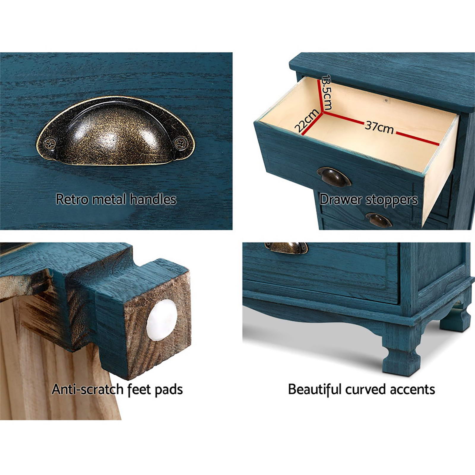 Thyme Blue Bedside Tables 3-Drawer Vintage Set of 2