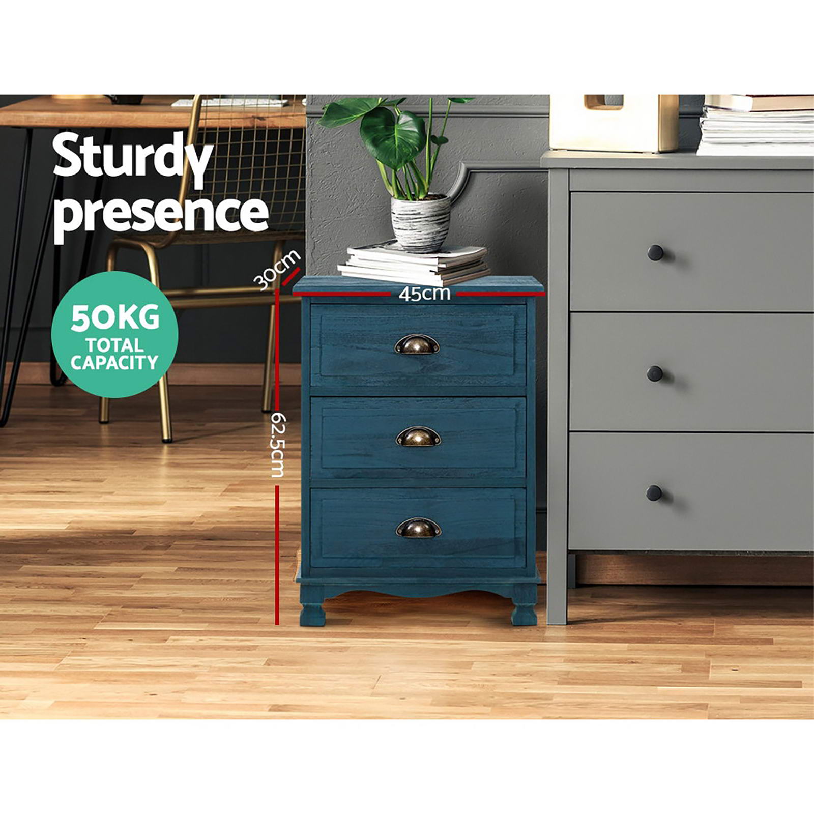 Thyme Blue Bedside Tables 3-Drawer Vintage Set of 2