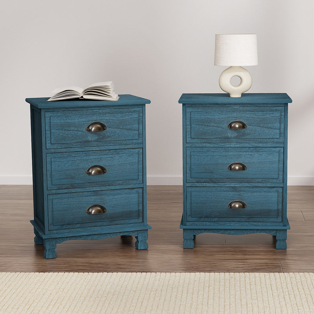 Thyme Blue Bedside Tables 3-Drawer Vintage Set of 2