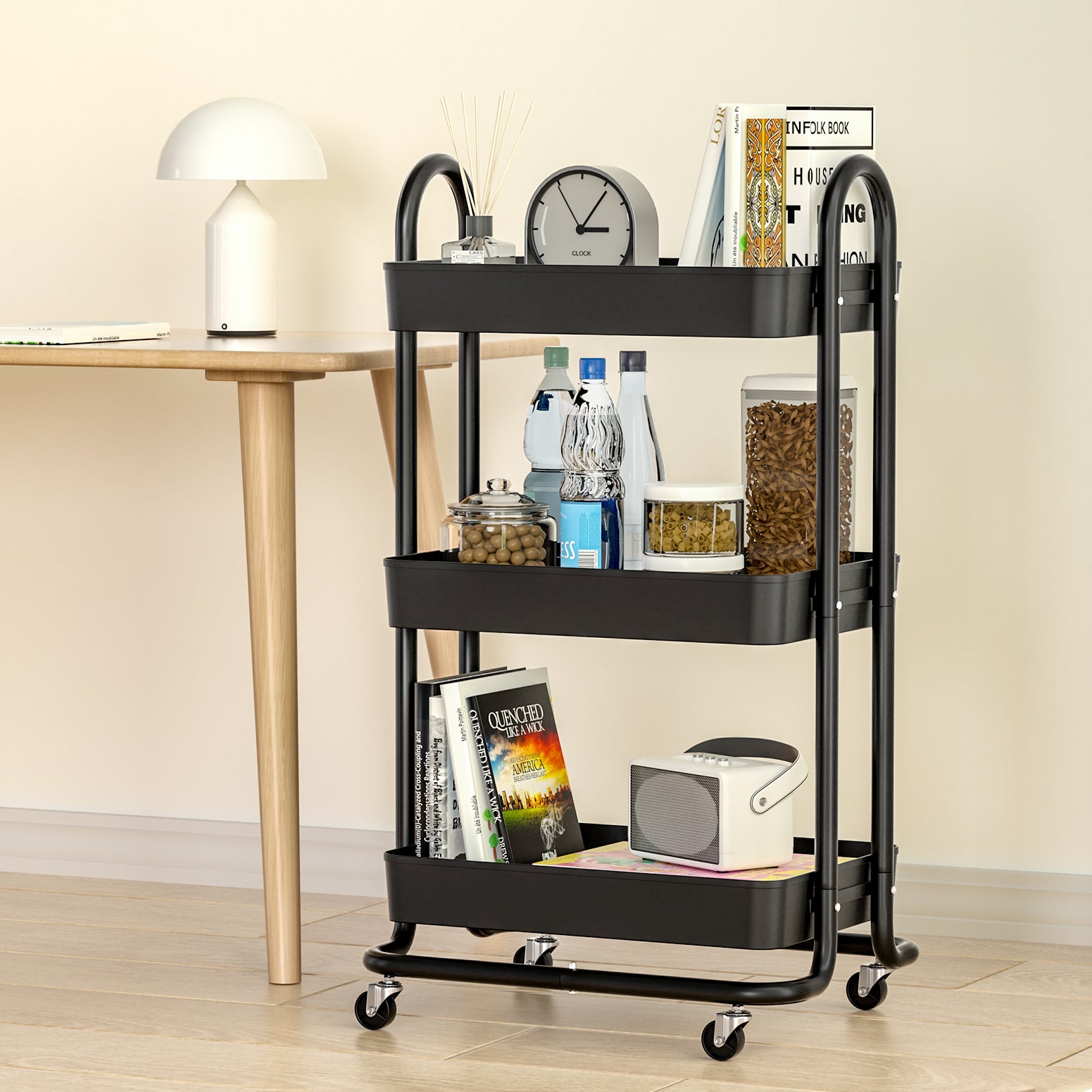 Artiss 3-Tier Kitchen Storage Trolley Cart Black Wheels