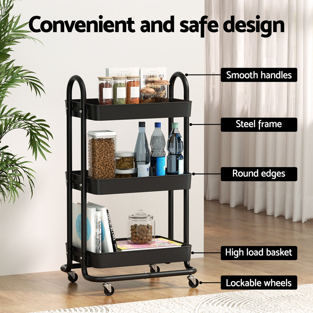 Artiss 3-Tier Kitchen Storage Trolley Cart Black Wheels