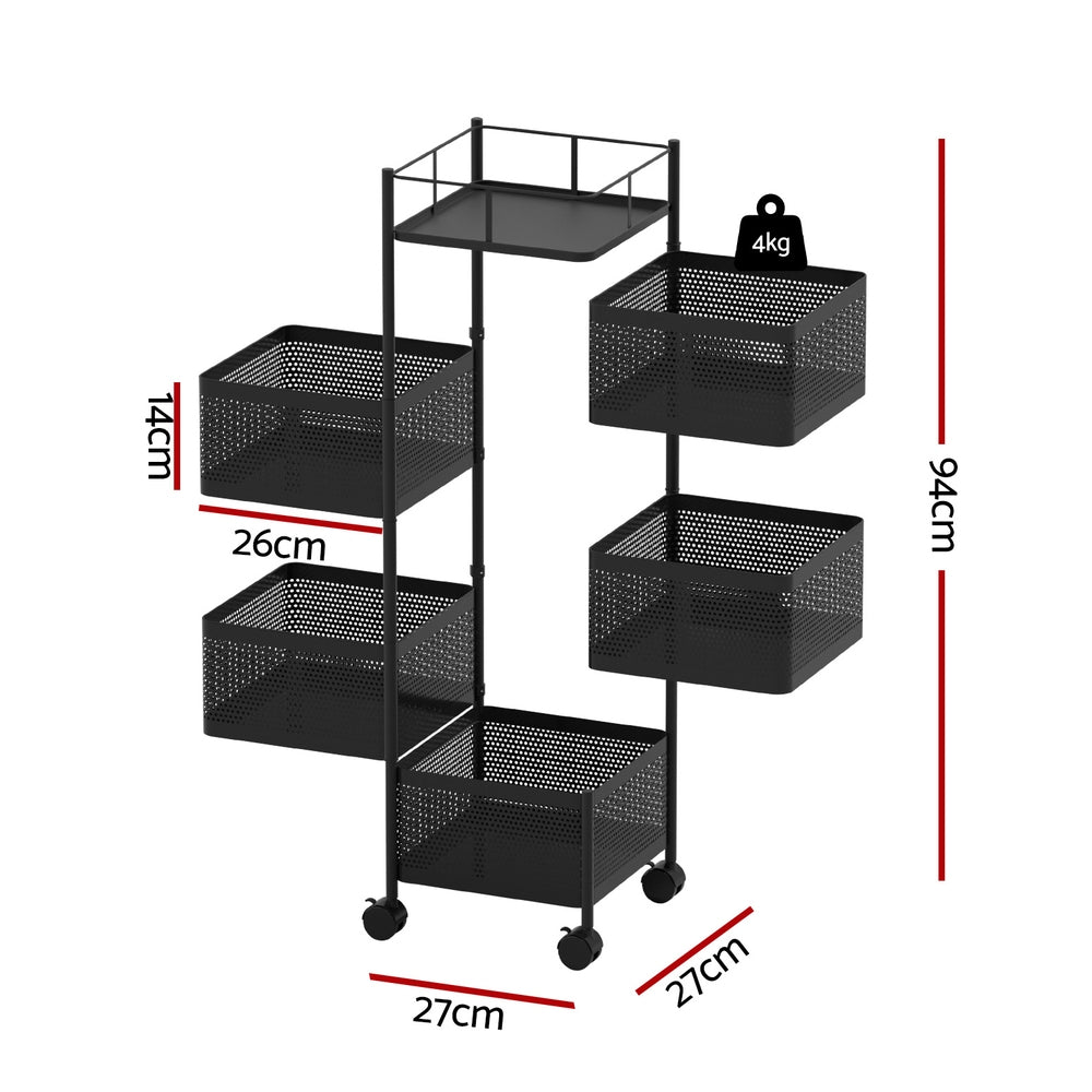 Artiss 5-Tier Kitchen Storage Trolley Cart Black