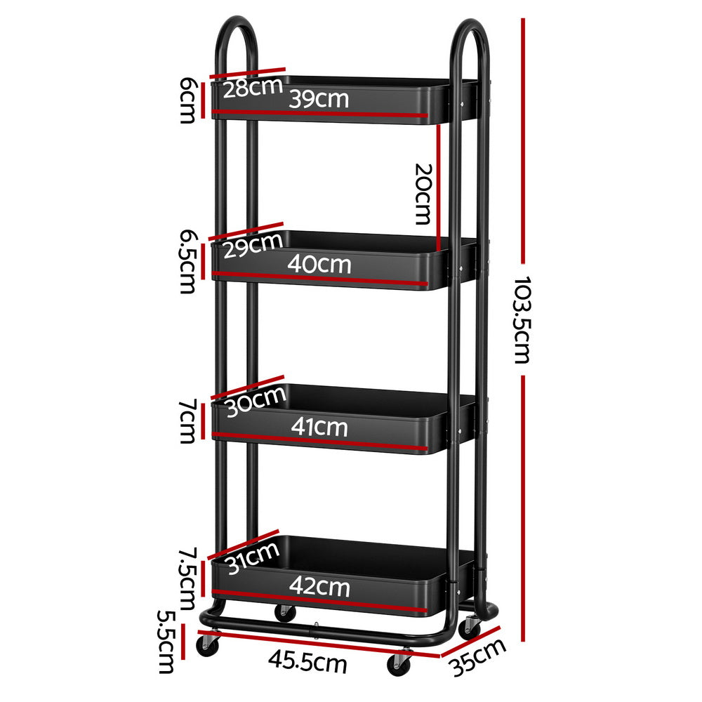 Artiss 4-Tier Kitchen Storage Trolley Cart Black
