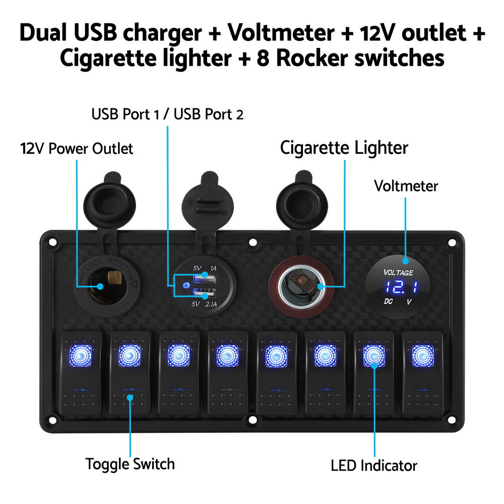 Giantz 8 Gang 12V Switch Panel For Car Boat Marine USB ON-OFF LED Rocker Toggle