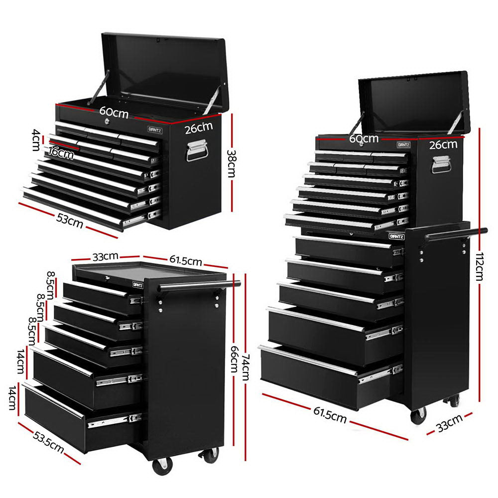 Giantz 15-Drawer Tool Chest Trolley 2-in-1 Storage Black