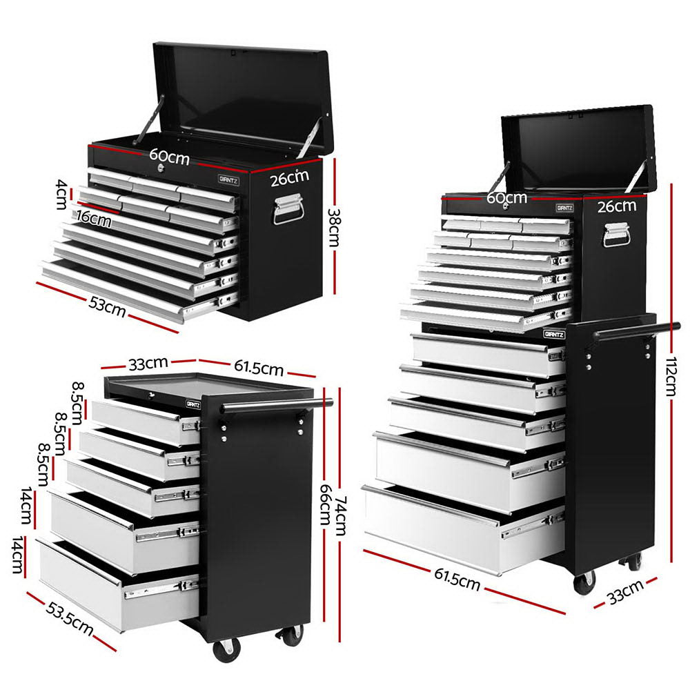 Giantz 15-Drawer Tool Chest Trolley 2-in-1 Storage Black Grey