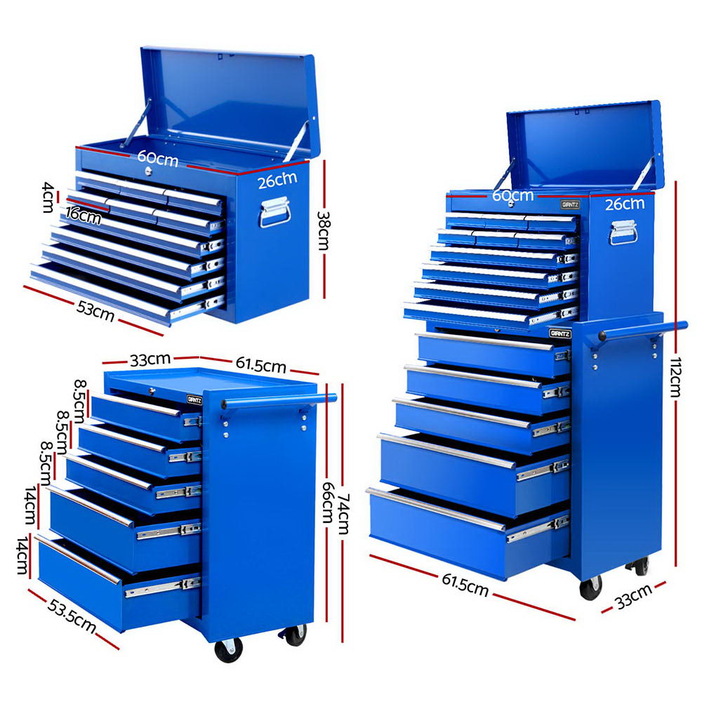Giantz 2-in-1 Tool Chest Trolley 15 Drawers Blue