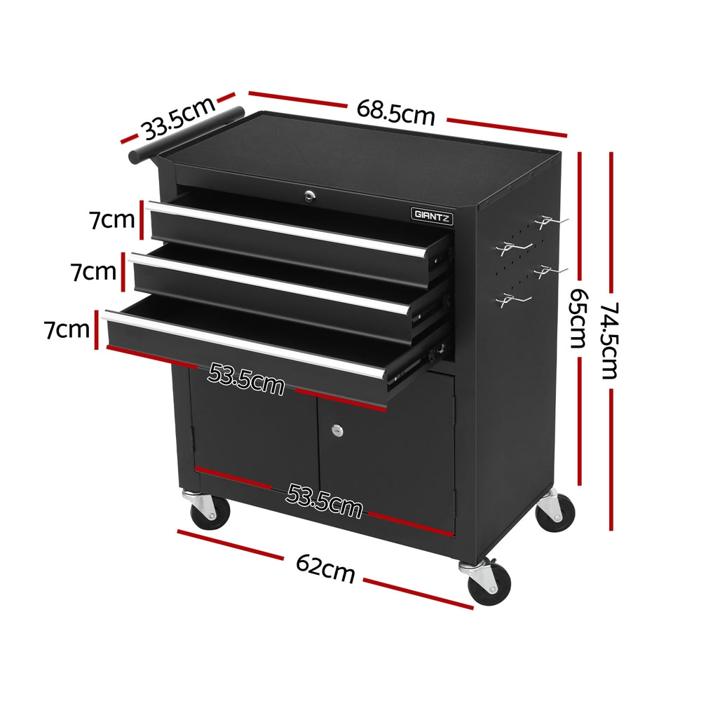 Giantz 3-Drawer Tool Trolley Chest Black with Wheels
