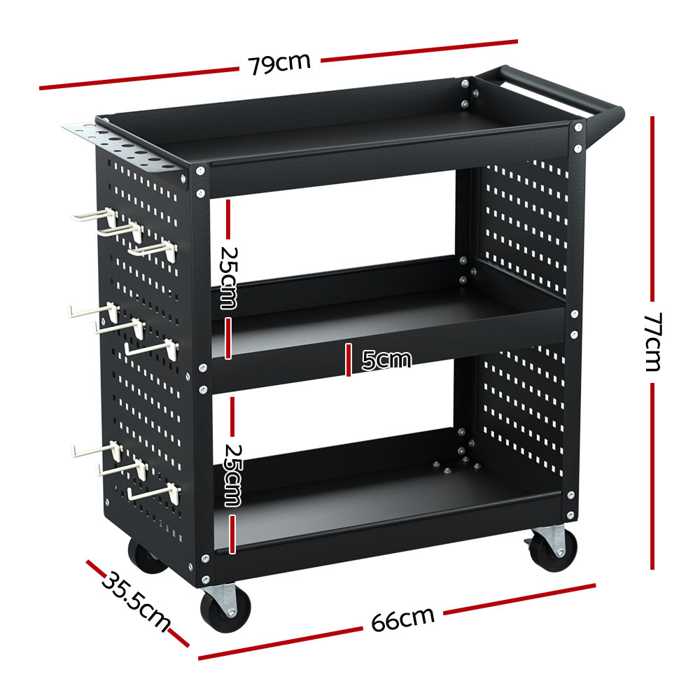Giantz 3-Tier Tool Cart Storage Trolley Pegboard Hooks Black