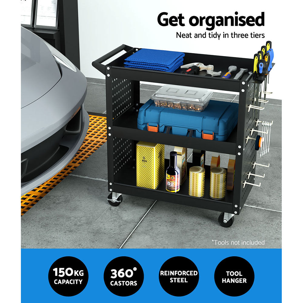 Giantz 3-Tier Tool Cart Storage Trolley Pegboard Hooks Black
