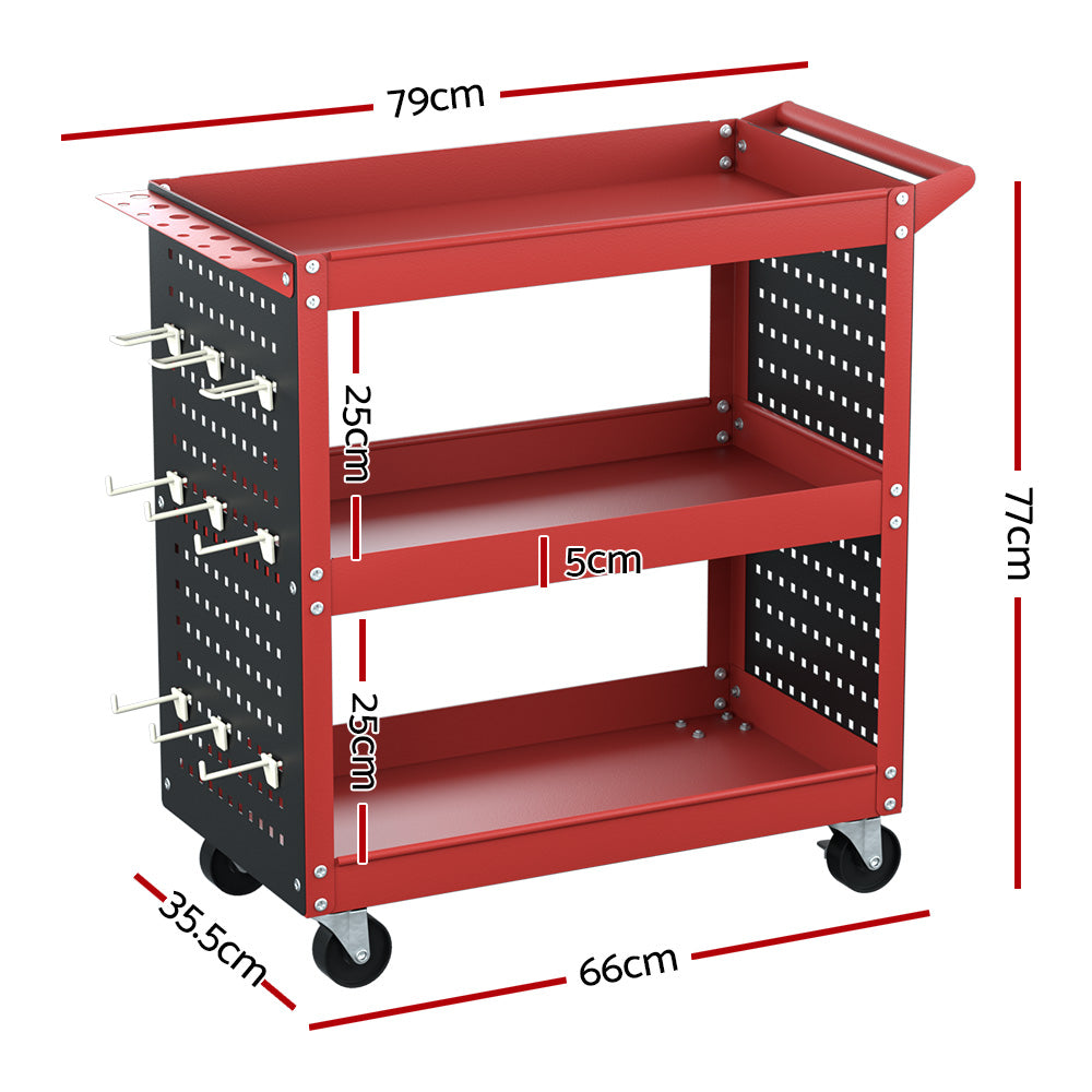 Giantz 3-Tier Tool Cart Workshop Trolley Pegboard Hooks Red