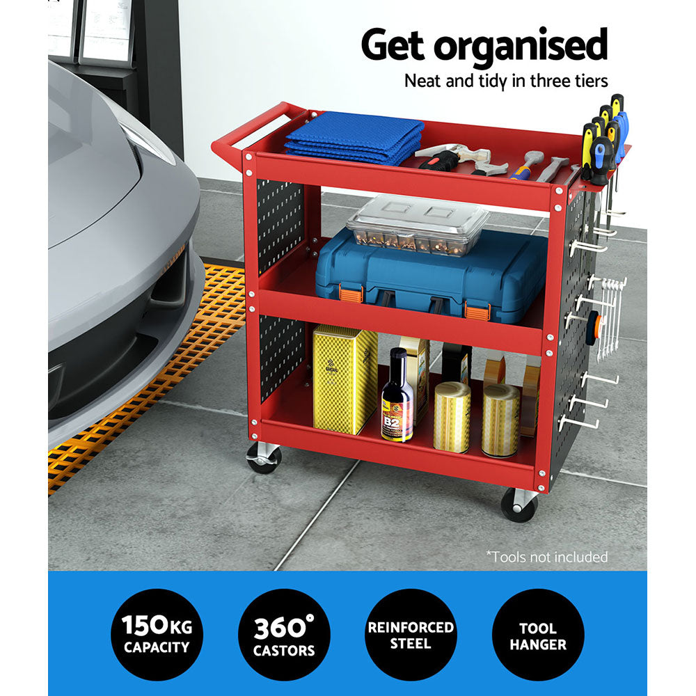 Giantz 3-Tier Tool Cart Workshop Trolley Pegboard Hooks Red