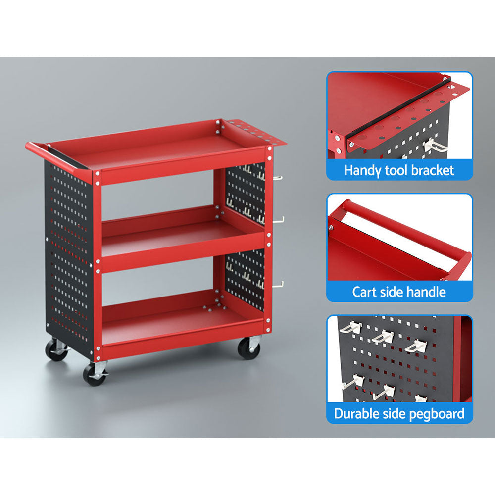 Giantz 3-Tier Tool Cart Workshop Trolley Pegboard Hooks Red