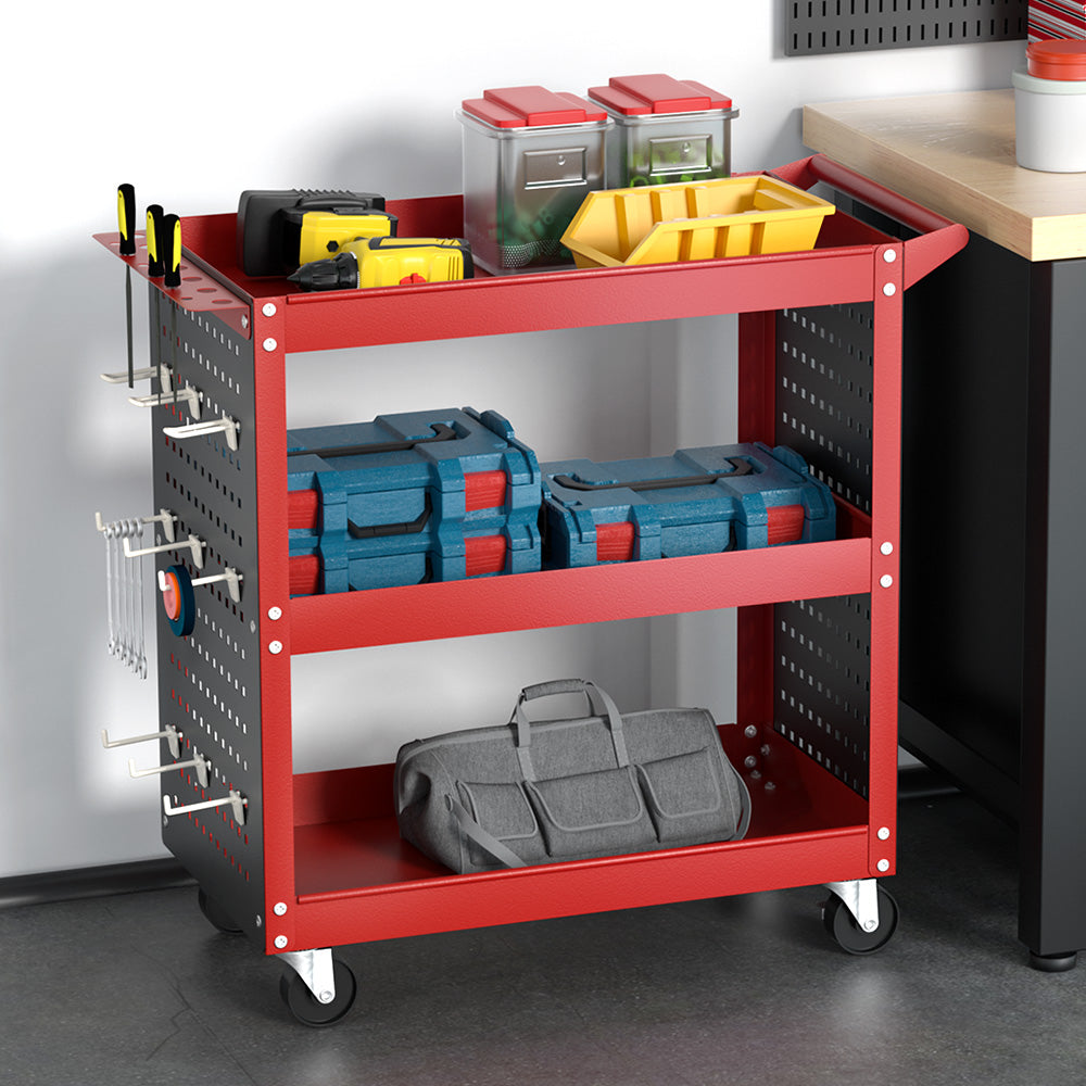 Giantz 3-Tier Tool Cart Workshop Trolley Pegboard Hooks Red