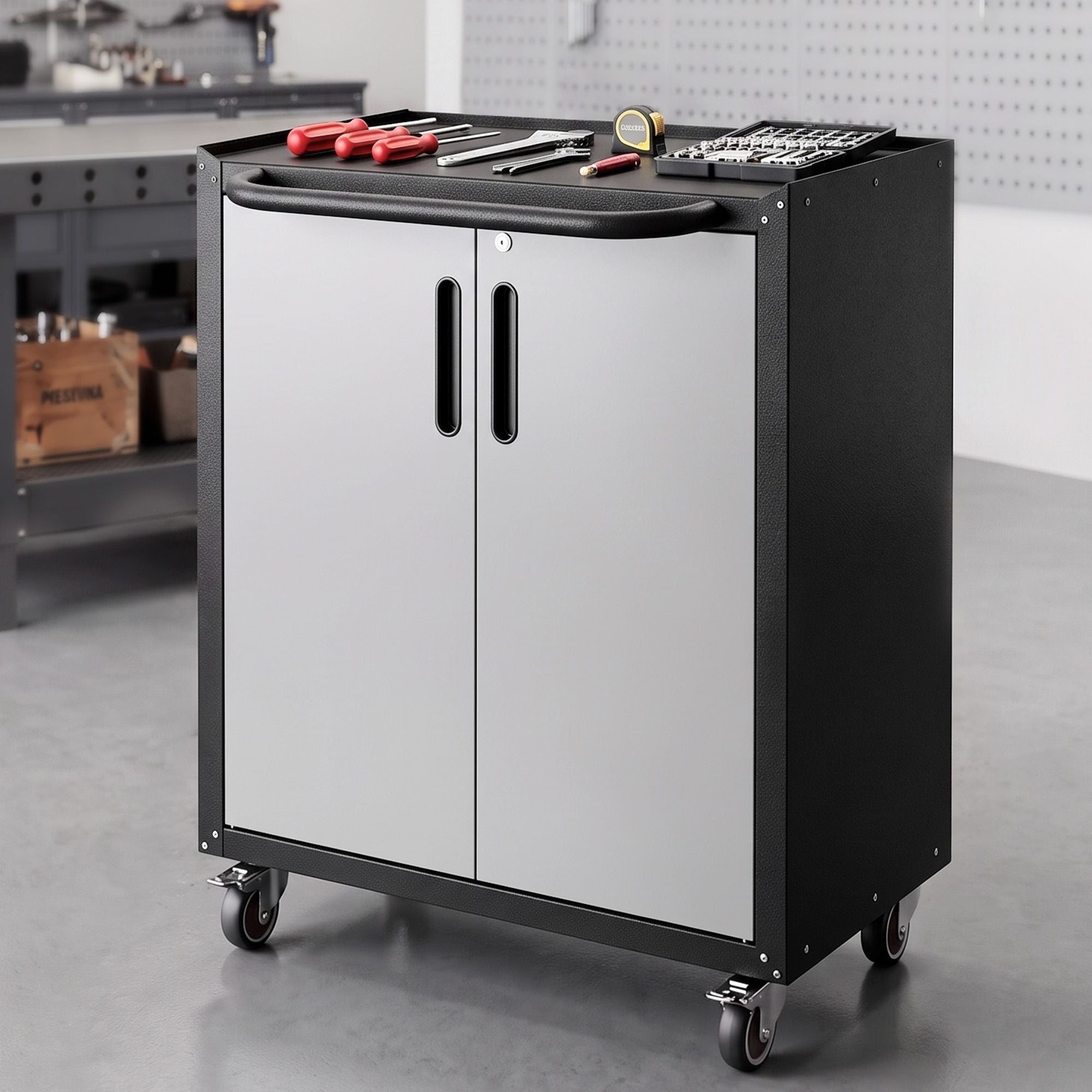 Giantz Rolling Tool Cabinet Heavy-Duty Storage Cabinet Adjustable Shelf Black and Grey