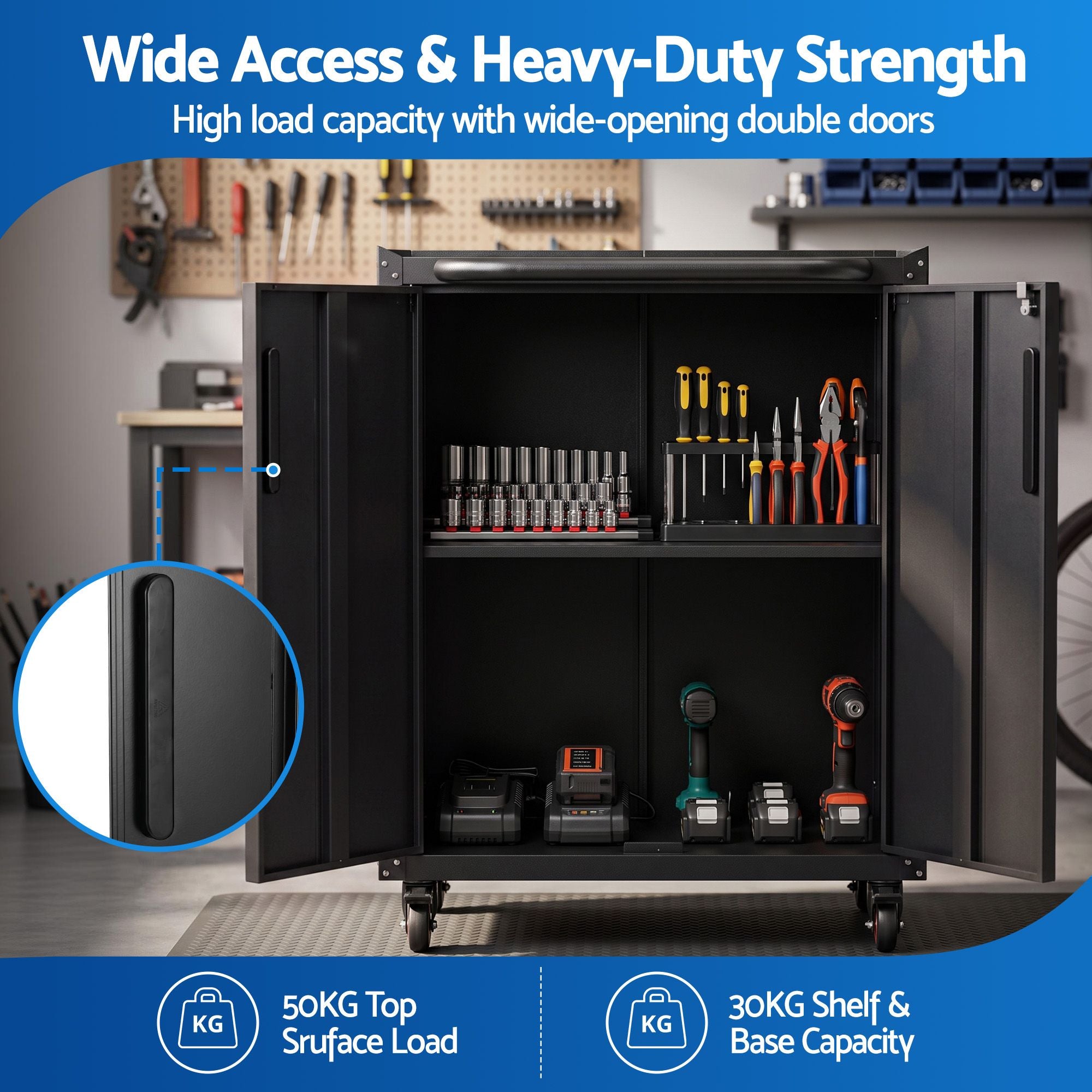 Giantz Rolling Tool Cabinet Heavy-Duty Storage Cabinet Adjustable Shelf Black
