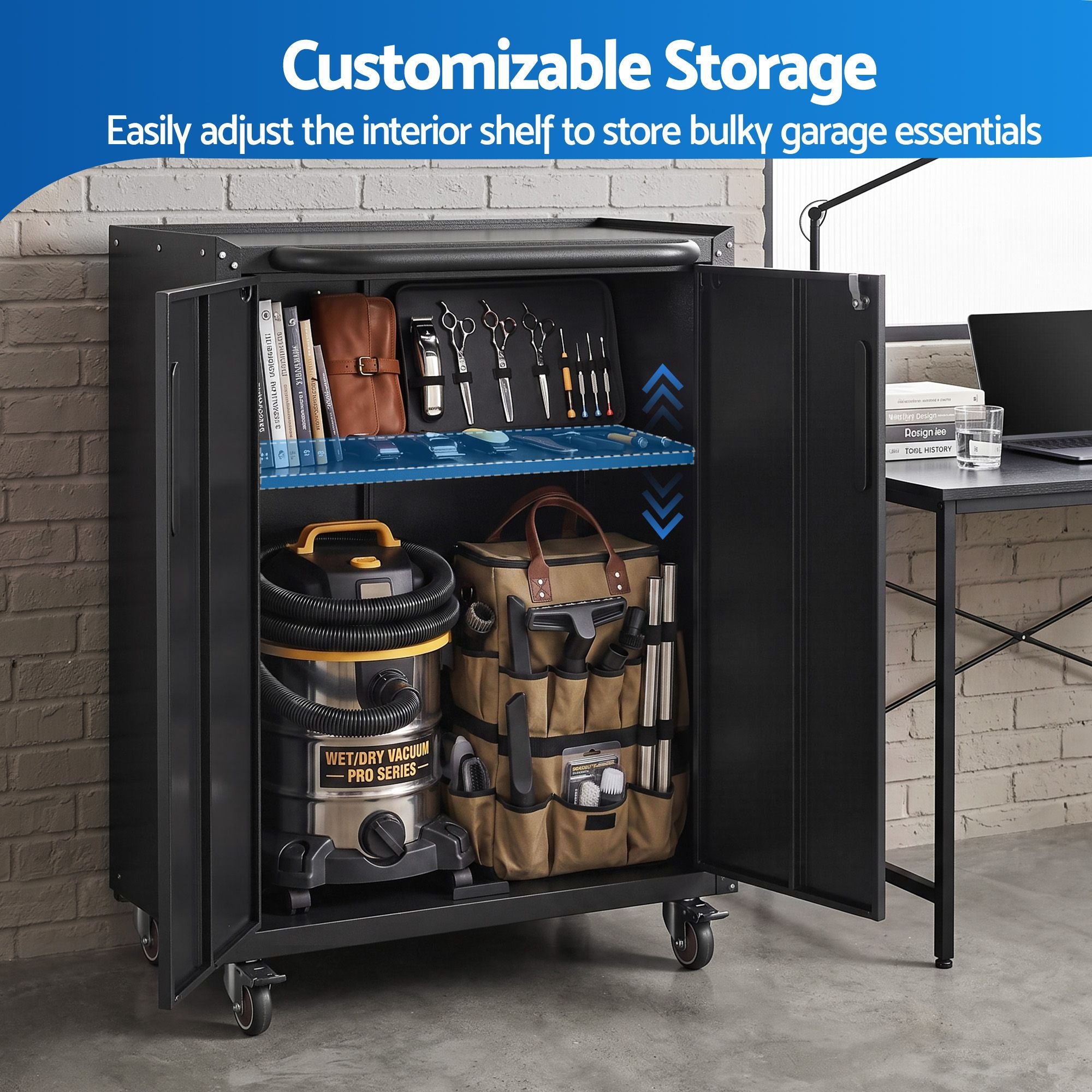 Giantz Rolling Tool Cabinet Heavy-Duty Storage Cabinet Adjustable Shelf Black