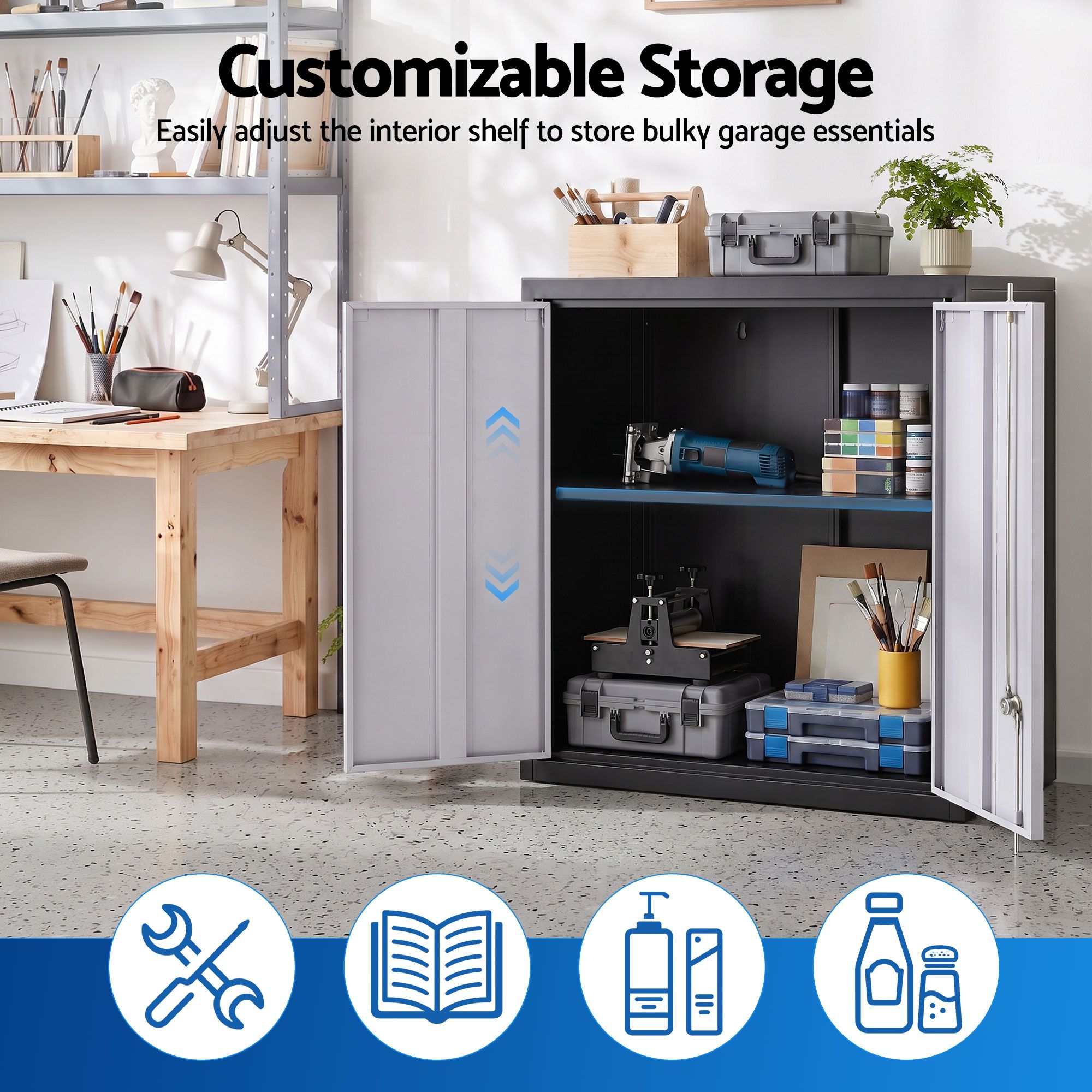 Giantz Steel Tool Cabinet Wall Mount Adjustable Shelf Garage Storage Lockable Black Grey