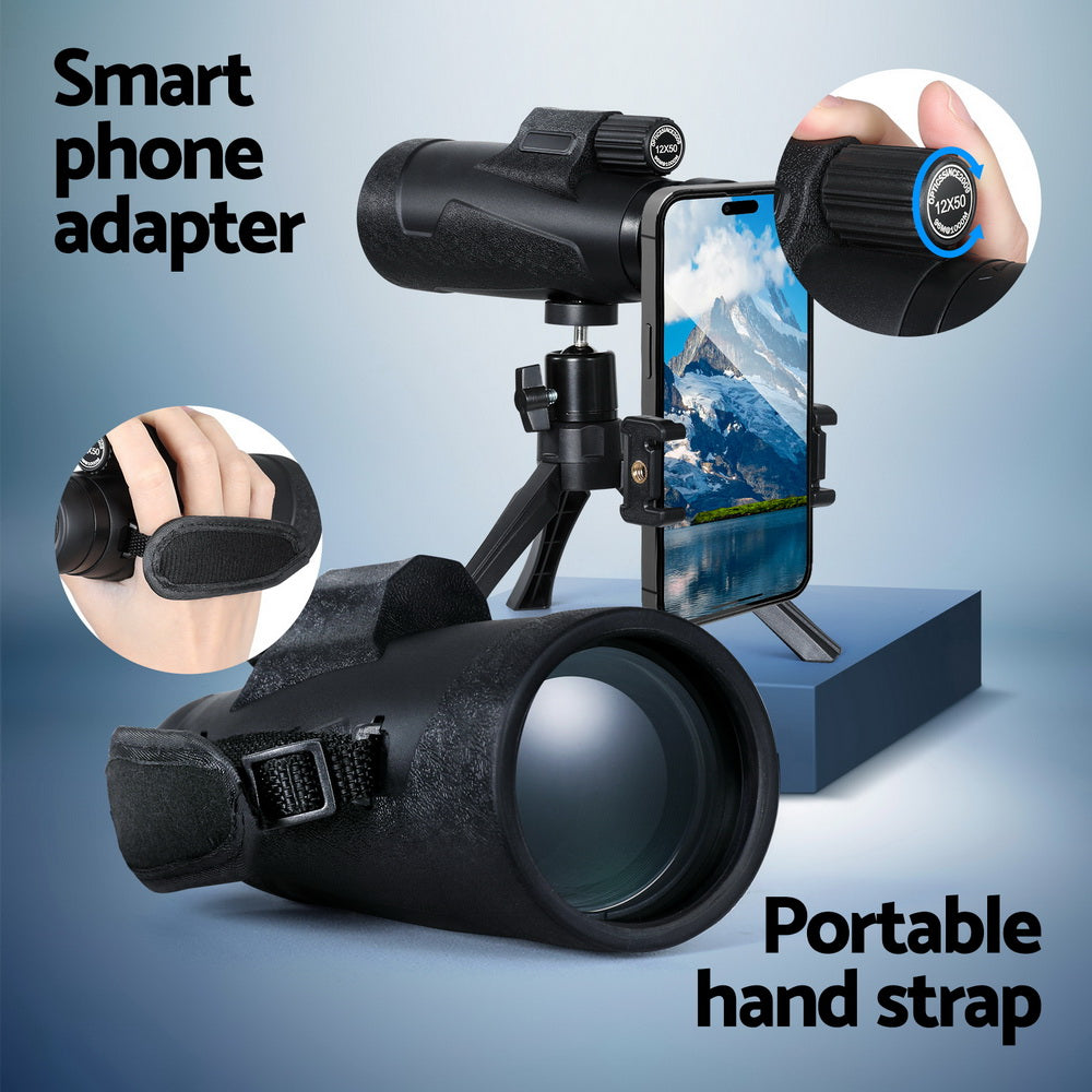 12X 50mm HD Zoom Monocular Telescope Black Camping Concert-Ready