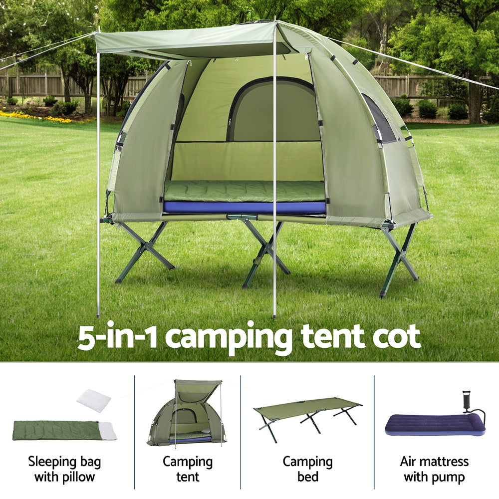 Weisshorn 5-in-1 Camping Tent Cot Single Air Mattress Green/Blue