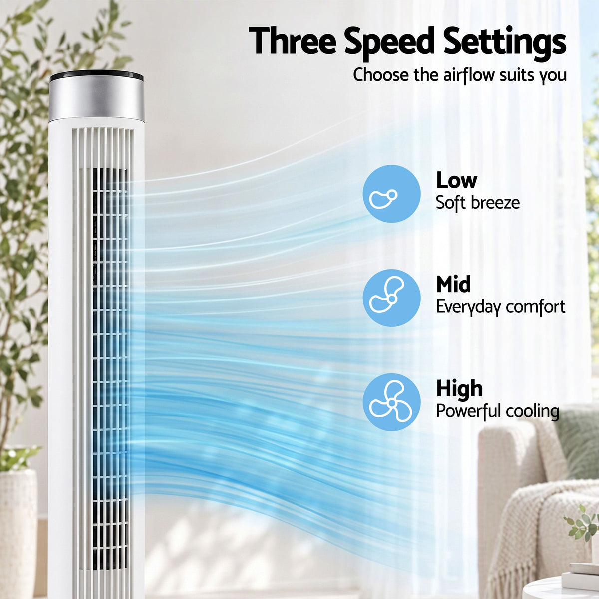 Devanti Tower Fan 3 Speed with Remote Control and 7.5h Timer, White