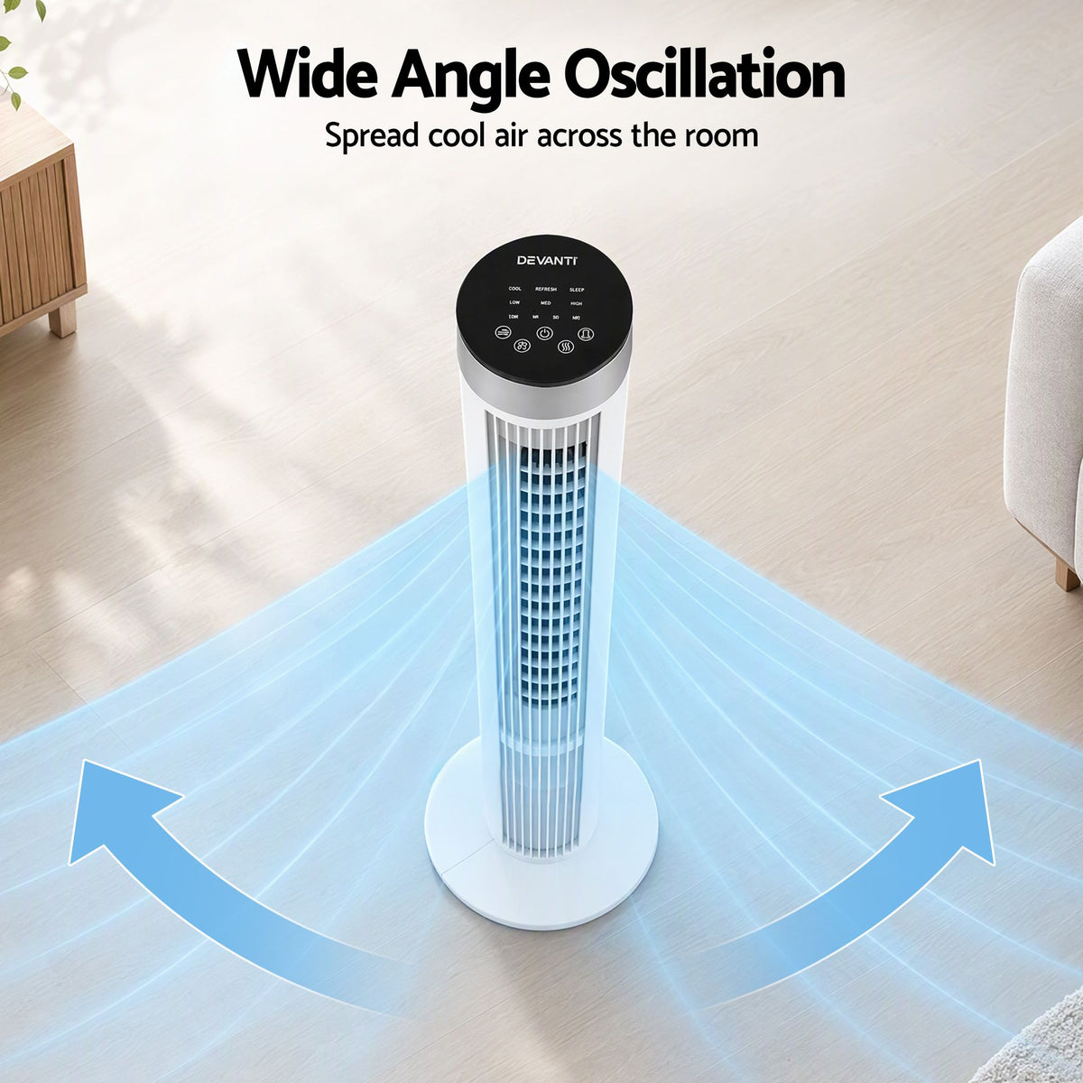 Devanti Tower Fan 3 Speed with Remote Control and 7.5h Timer, White