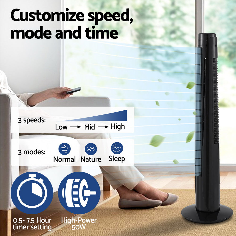 Devanti 93cm Tower Fan Oscillating 3 Speeds Remote Control Black