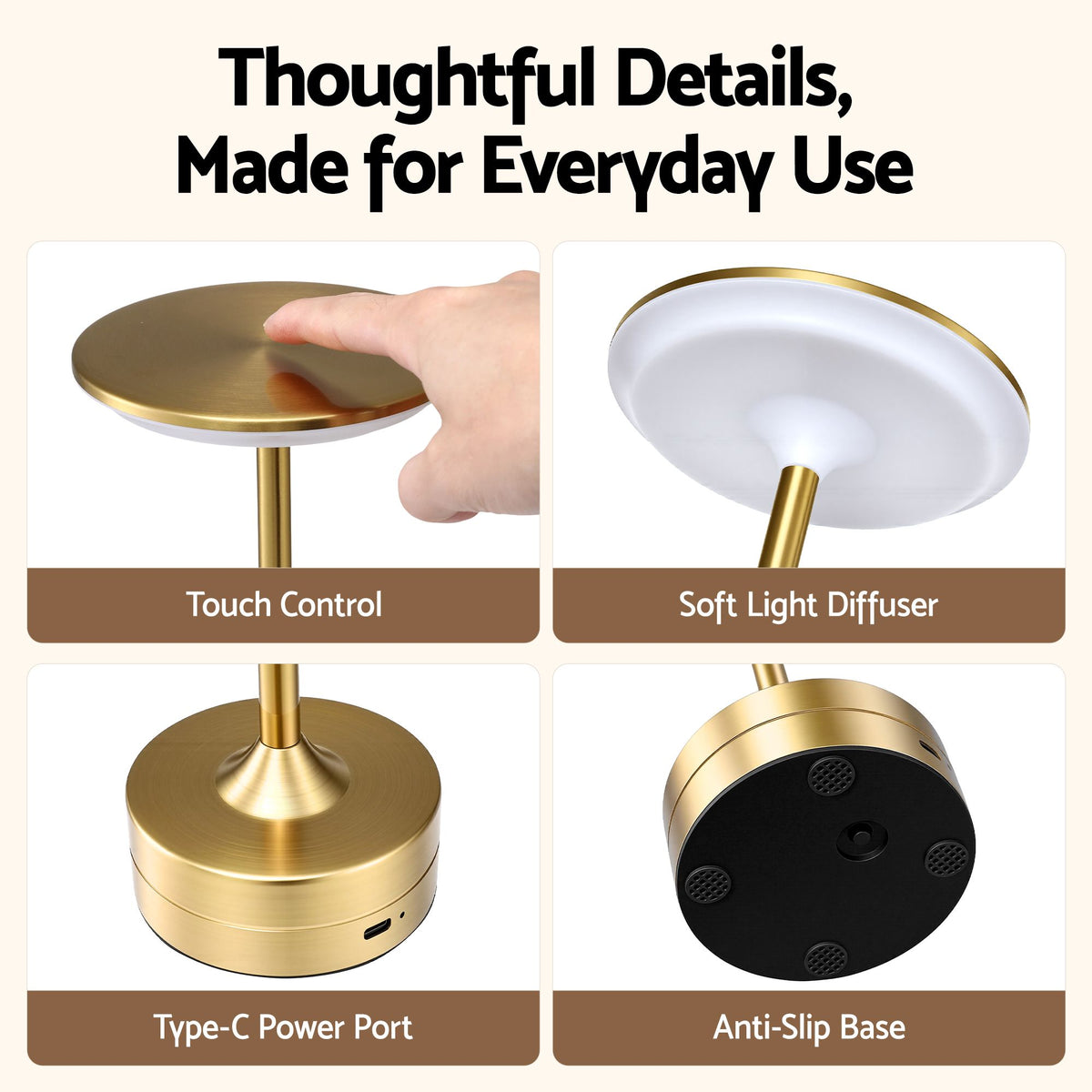 Artiss Gold Touch Table Lamp, Dimmable LED, 3000-6000K, Type-C