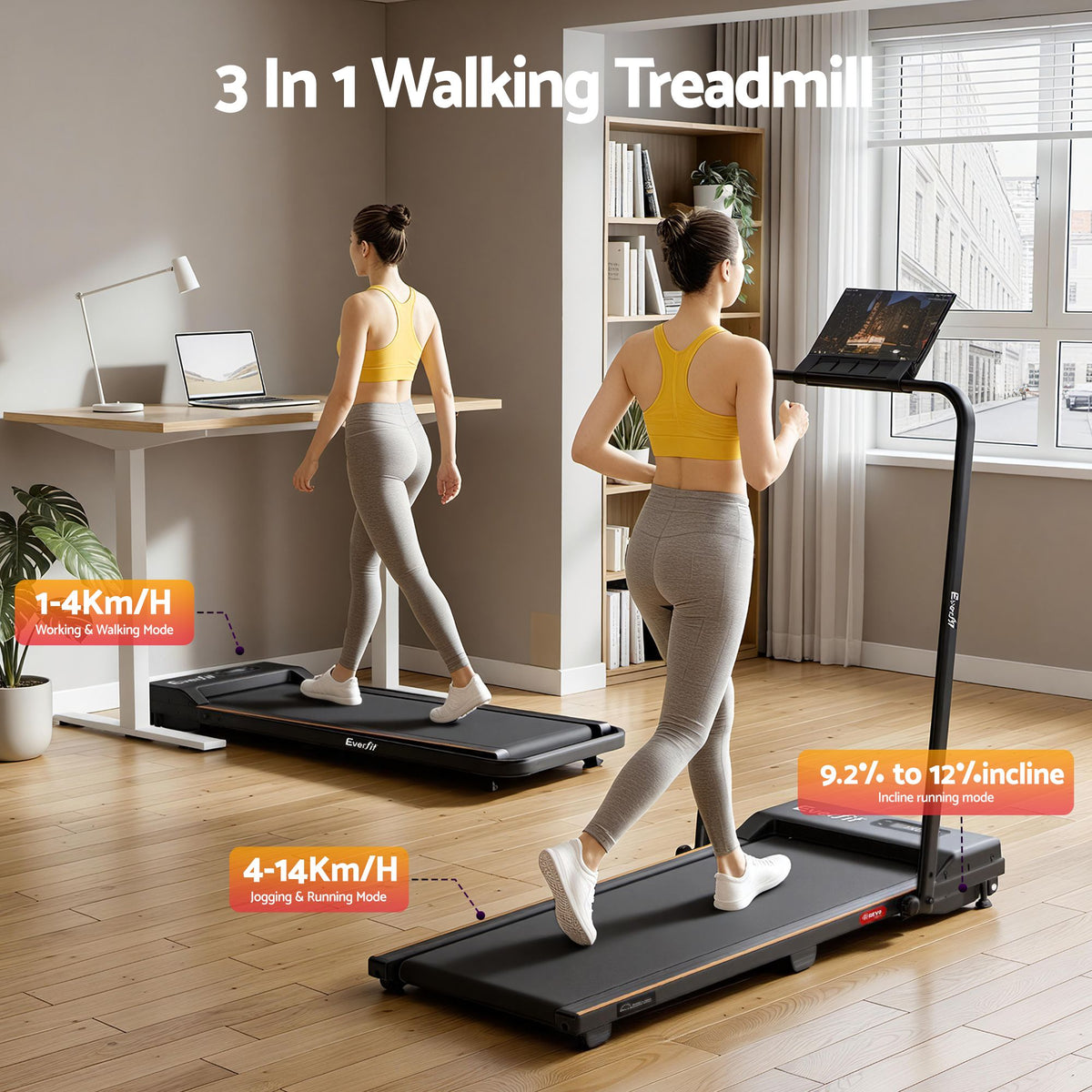 Everfit 3 in 1 Walking Pad Treadmill 12% Incline Under Desk Black