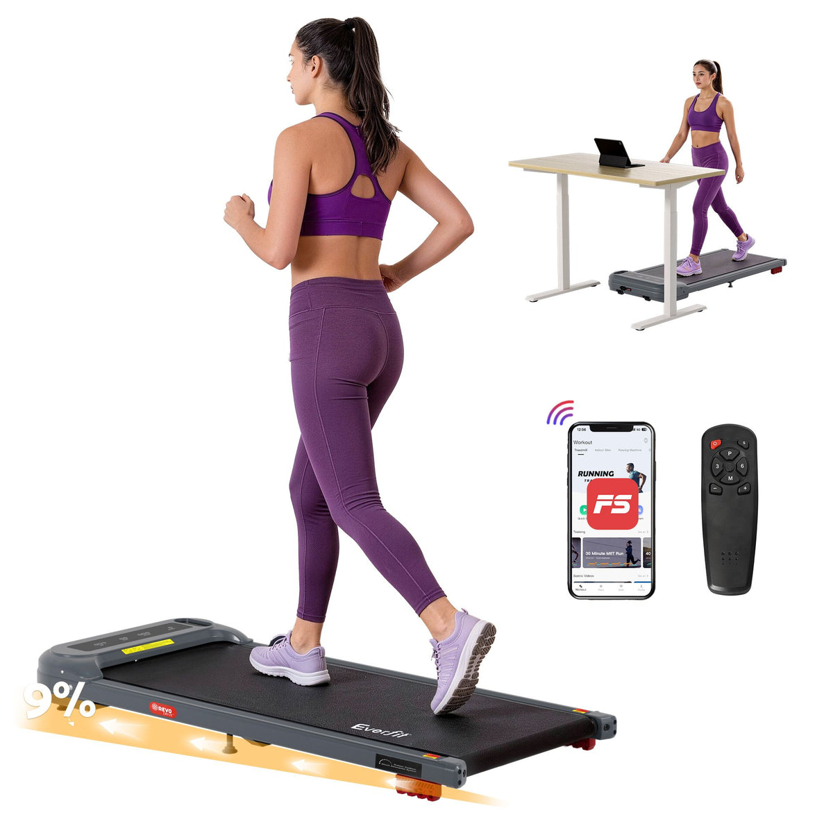 Everfit 3 in 1 Treadmill Electric Walking Pad with Incline Grey