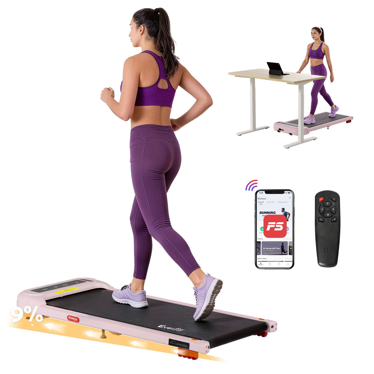 Everfit Under Desk Treadmill Electric Walking Pad with Incline Pink