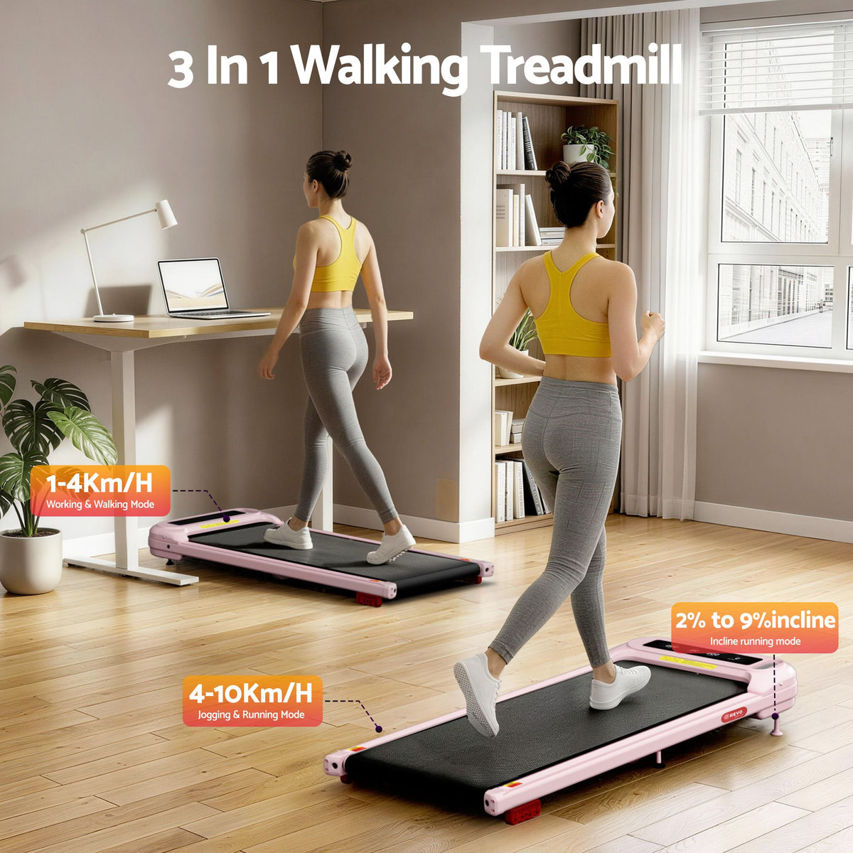 Everfit Under Desk Treadmill Electric Walking Pad with Incline Pink