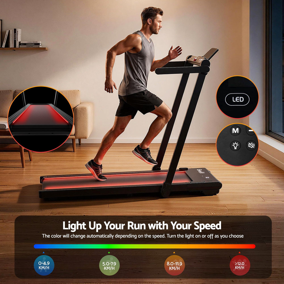 Everfit 3 in 1 Walking Pad Treadmill with LED Lights 40cm Belt Black