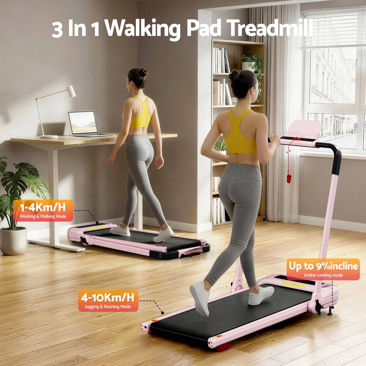 Everfit 3 in 1 Electric Treadmill Walking Pad with Incline Pink