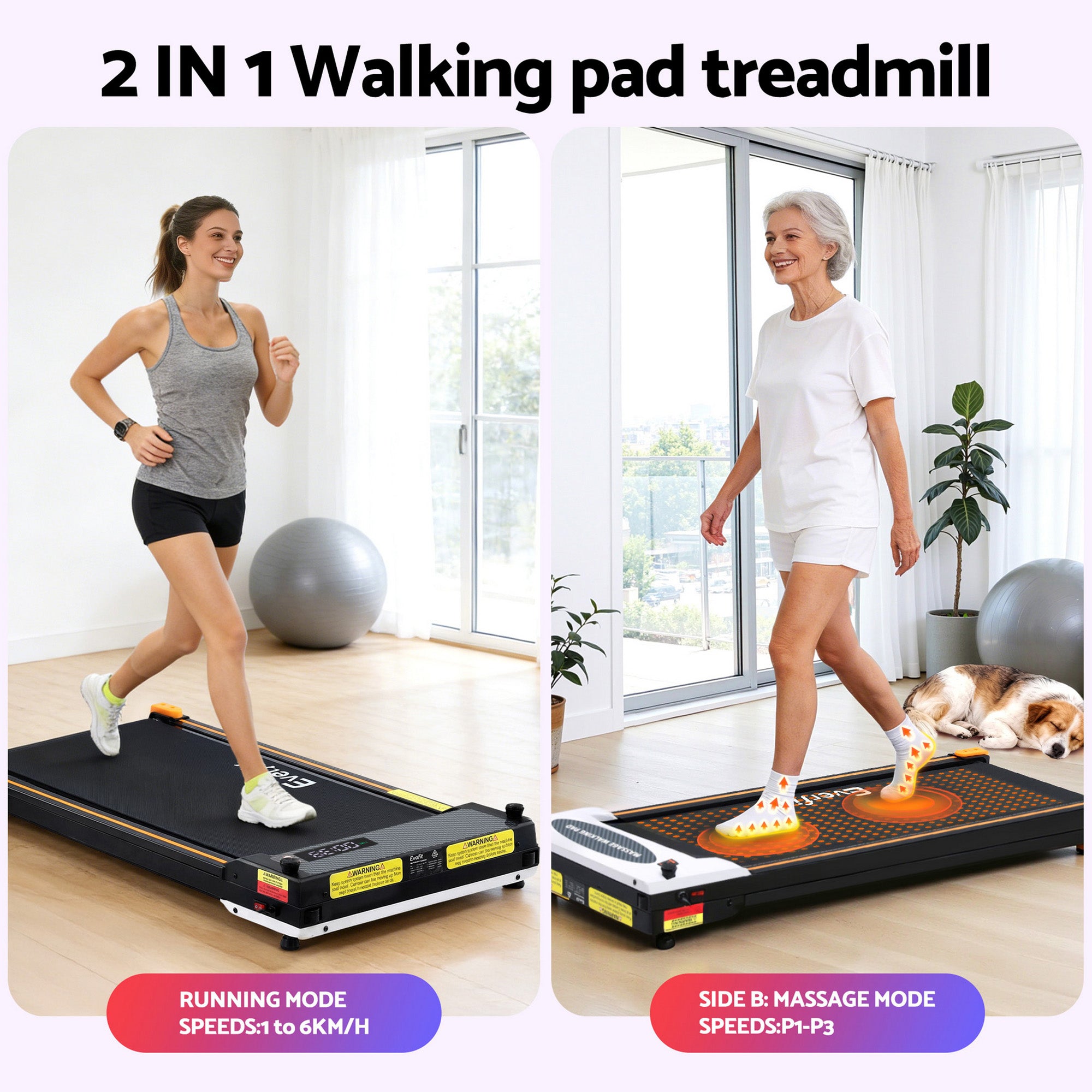 Everfit 2 Side Walking Pad Treadmill with Massage Function Fitness 380mm Black