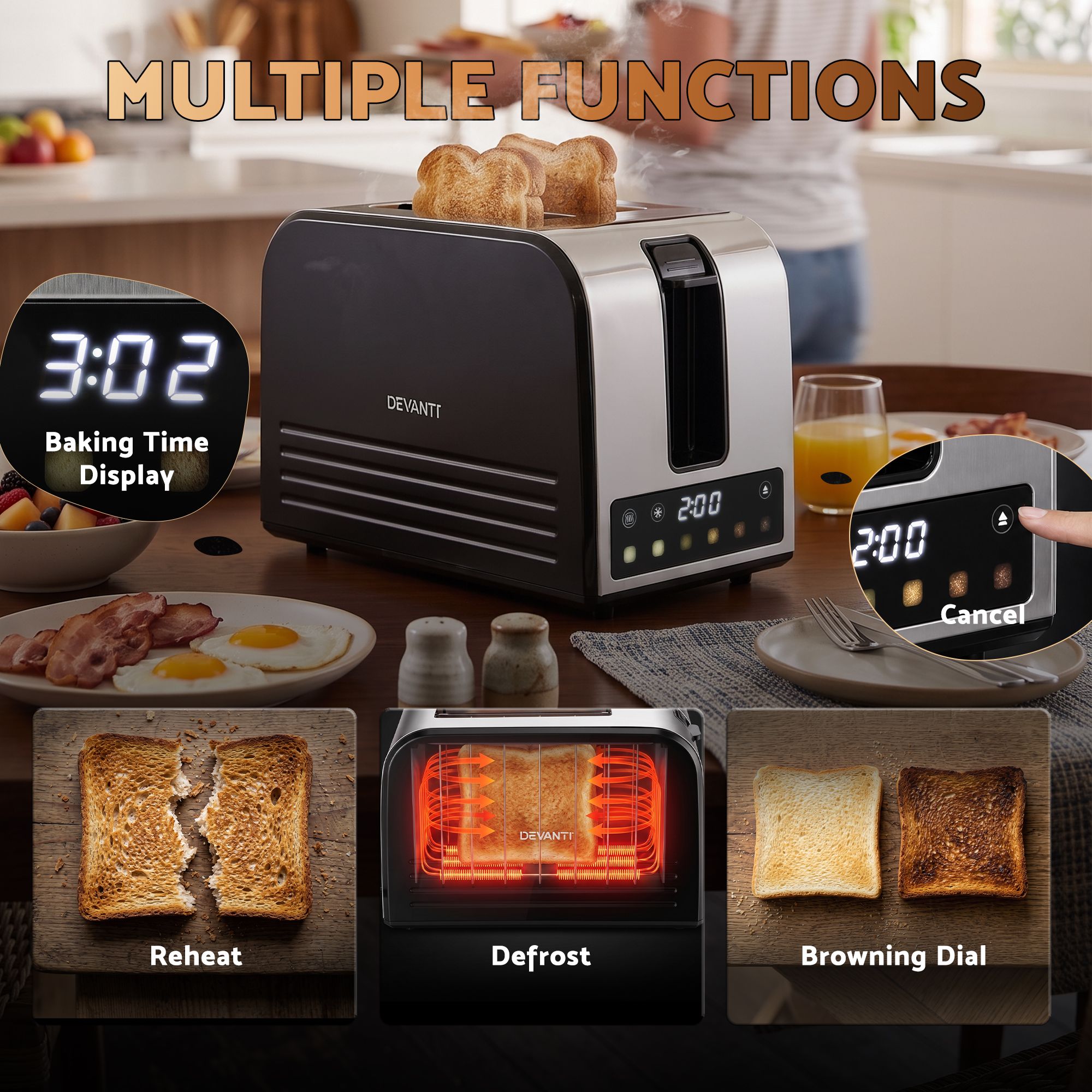 Devanti 2-Slice Toaster, LED Display 3.5cm Wide Slots 6 Browning Levels