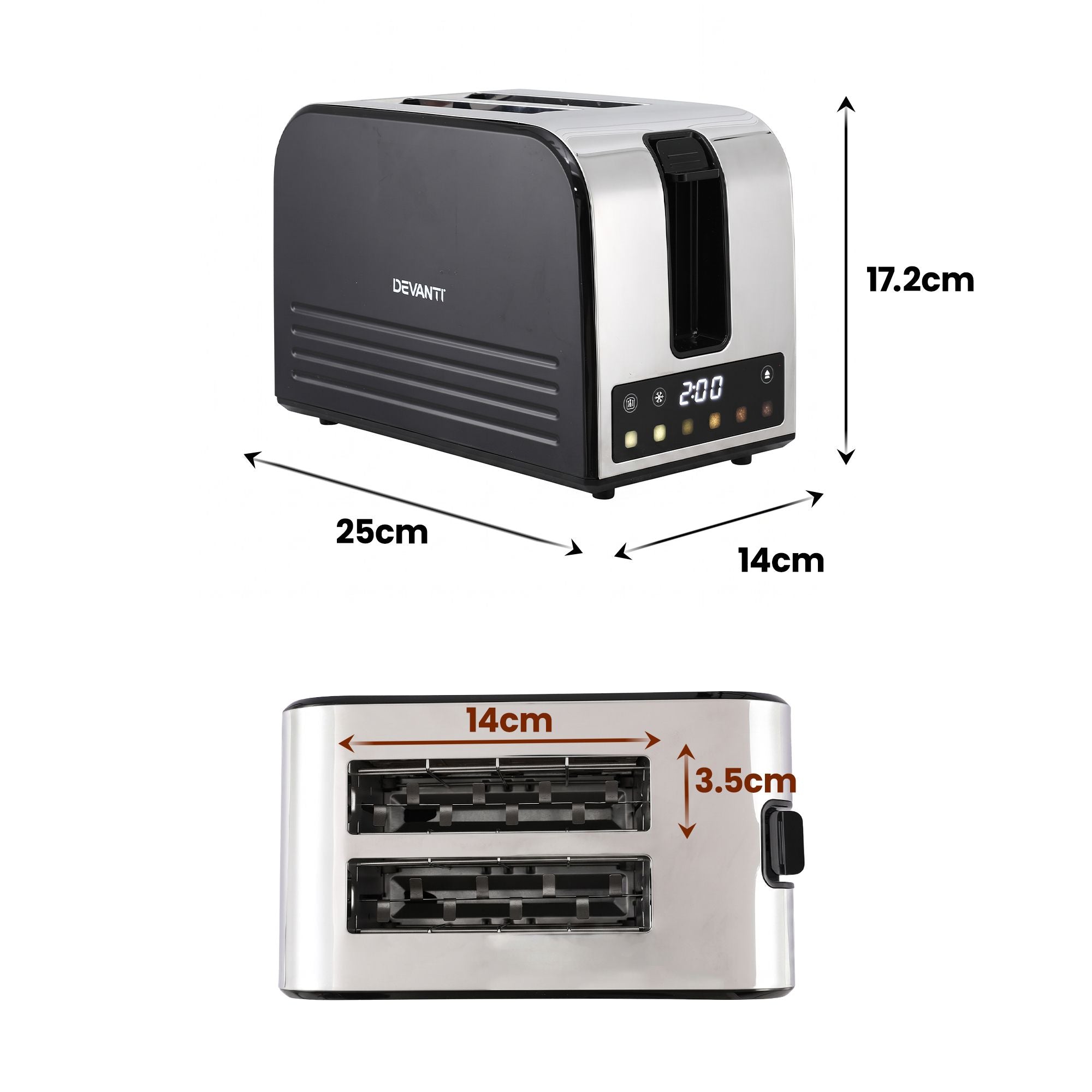 Devanti 2-Slice Toaster, LED Display 3.5cm Wide Slots 6 Browning Levels