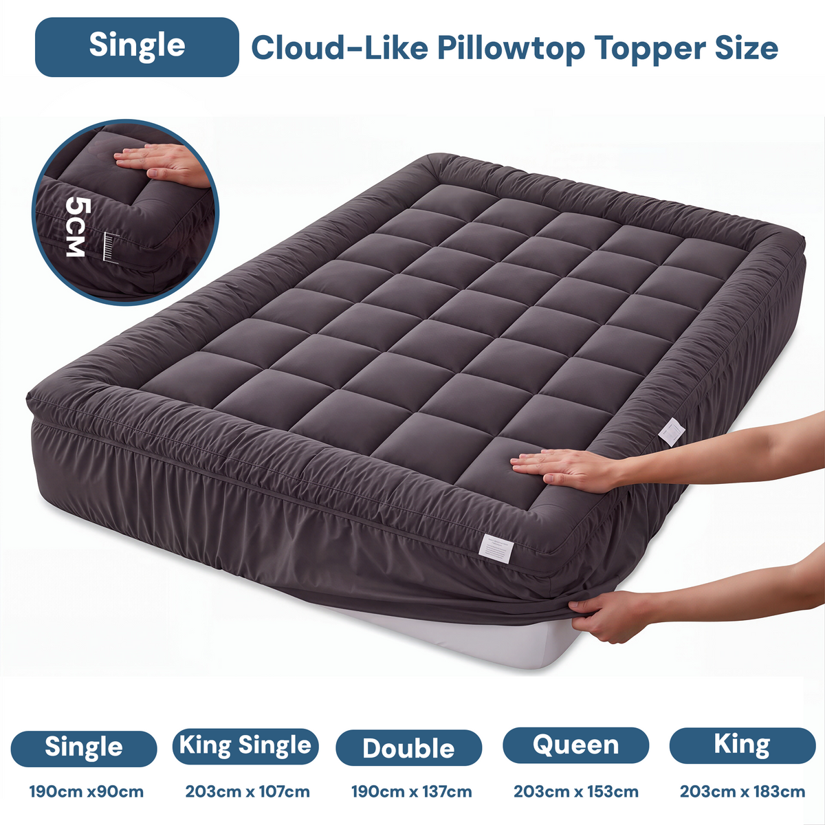 Giselle Bedding Single Bamboo Charcoal Pillowtop Mattress Topper 1000GSM